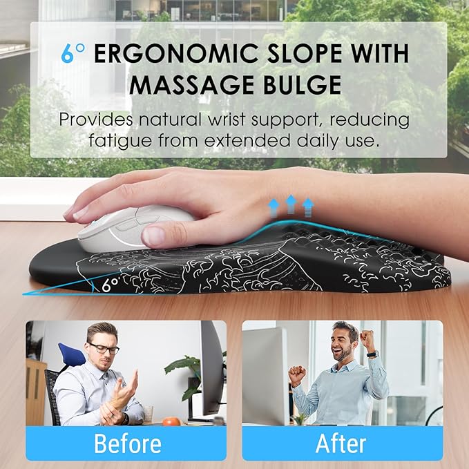 MROCO Ergonomic Mouse Pad with Wrist Support, Wrist Rest Mousepads for Carpal Tunnel Pain Relief, Memory Foam Pad with Massage Bulge and Non-Slip Base for Office, Home, Kanagawa Wave
