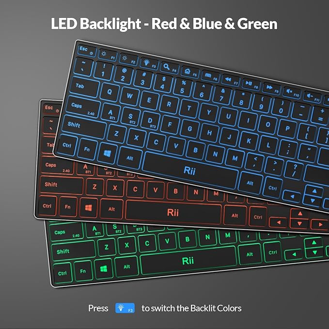 Rii Wireless Keyboard,Bluetooth Keyboard(2.4G+BT5.0),RGB Backlit,Rechargeable with Aluminum Alloy Case for Tablet,Surface,PC,Laptop with Windows (X9-Windows)