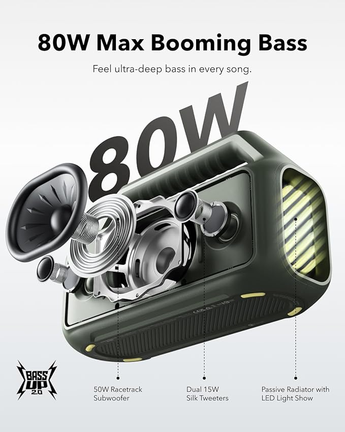 Soundcore Boom 2 By Anker, Outdoor Speaker, 80W, Subwoofer, BassUp 2.0, 24H Playtime, IPX7 Waterproof, Floatable, RGB Lights, USB-C, Custom EQ, Bluetooth 5.3, Portable for Camping and Beach - Green