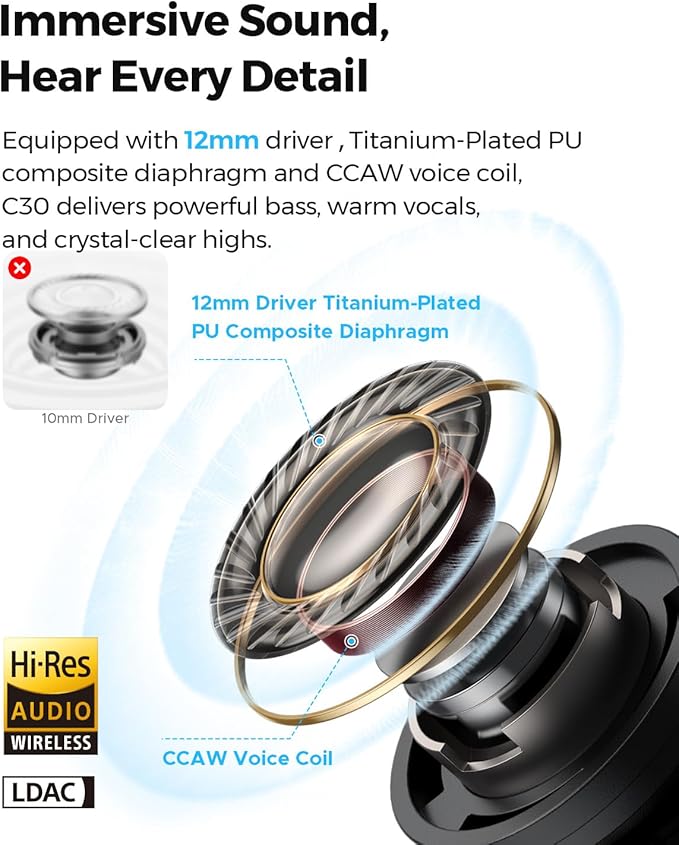 SoundPEATS C30 Hybrid ANC Earbuds with LDAC Hi-Res Audio, 52H Playtime -52dB Adaptive Noise Cancelling Earbuds, 6-Mic Clear Call, 12mm Driver, Bluetooth 6.0, Multi-Point, IP54 for Daily Use - White