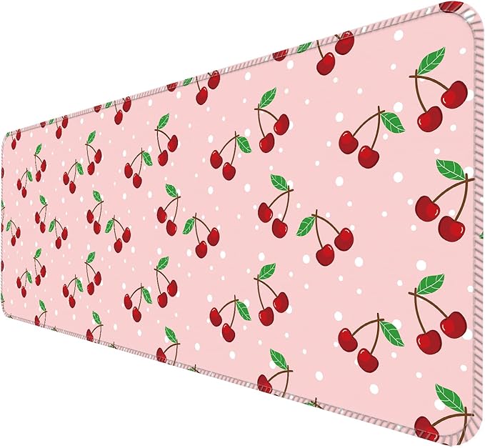 Desk Mat,Big Desk Pad,31.5 x 11.5in Extended Gaming Mouse Pad,Large Mouse Pad for Desk Rubber Base Mousepad with Stitched Edges,Keyboard Mouse Mat for Work Game Office Home - Cute Cherry