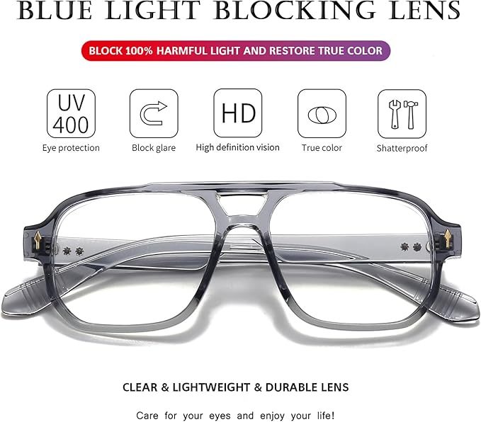 PORADAY Blue Light Blocking Glasses for Women Men 70s Retro Square Aviator Eyeglasses Rectangle Computer Eyewear
