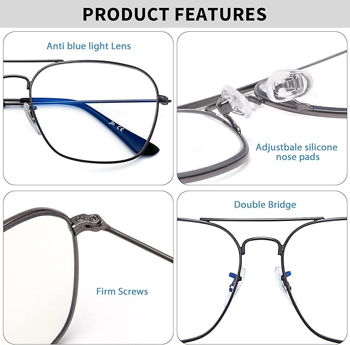 JM Aviator Blue Light Blocking Computer Glasses, Square Eye Protect Video Eyeglasses Anti Glare Men Women
