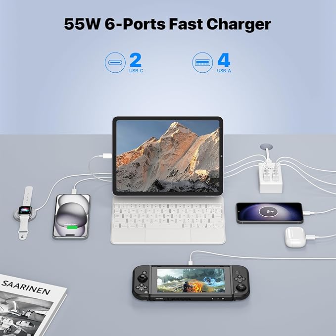USB C Charger, 55W 6-Port USB Charger Holder Multi-USB Charging Station Desktop Multi-Port USB Charger 2-USB C +4-USB A Compatible with iPhone/Google/Xiaomi/Oppo/Tablet etc.