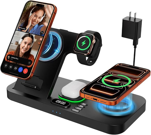 Dual Phone Magnetic Wireless Charging Station for Apple Devices/Apple Ecosystem,with Auto-Switch 7-Color Light & Clock, Compatible with iPhone 17/16/15, for iWatch 11/10/9 & AirPods Pro3（Black