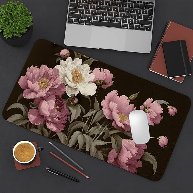 Large Mouse Pad, Black Floral Desk Mat for Desktop, Women Girls Flowers PU Leather Waterproof Desk Pad, Computer PC Laptop Protector Gaming Mouse Pads for School Office Home 27.5" x 13.8"