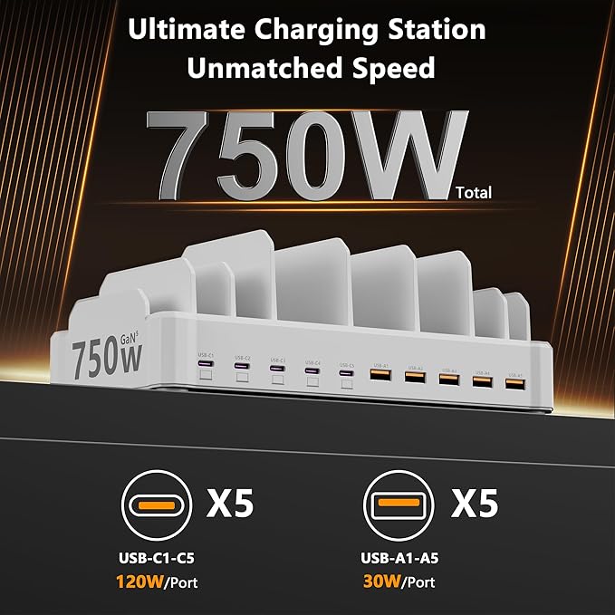 750W Charging Station for Multiple Devices, 10-Port Fast Charger, 5 USB-C 120W Each and 5 USB-A 30W Each, Desktop Charging Hub for Laptop Phone Tablet, White