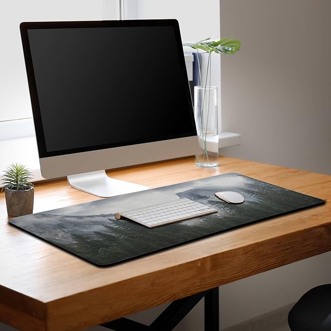 Gaming Mouse Pad - Green XXL Non-Slip Rubber Base 35.4" X 15.7" for Game Office, Park Nature Mountain Trees Mist