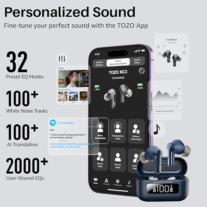 TOZO Hybrid Active Noise Cancelling Wireless Earbuds with 6 Mics AI Clear Call Ear Buds 68H Playtime with LED Display 32 Preset EQs via APP Bluetooth 5.3 IPX8 Waterproof in Ear Headphones
