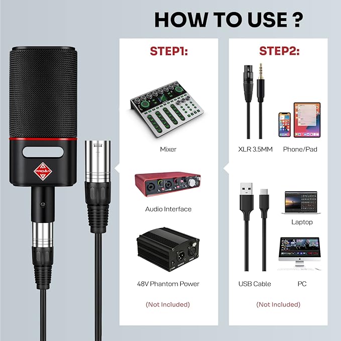XLR Microphone Cardioid Condenser Microphone XLR with 25mm Large Diaphragm for Computer PC Metal Professional Studio Mic for Recording Podcasting Streaming Gaming ASMR Voice Over Vocals