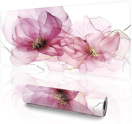 XL Abstract Floral Mousepad (35.4 x 15.7 Inch), Extra Large Pink Fluid Art Desk Mat, Dreamy Rose & Gold Vein Pattern, Waterproof Gaming Keyboard Surface, Aesthetic Table Cover