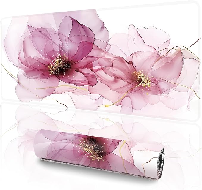 XXL Extended Gaming Mouse Pad (47.2 x 23.6 Inch), Giant Pink Floral Desk Mat for Full Coverage, Luxury Alcohol Ink Marble Design, Non-Slip Blotter, Premium Workspace Protector
