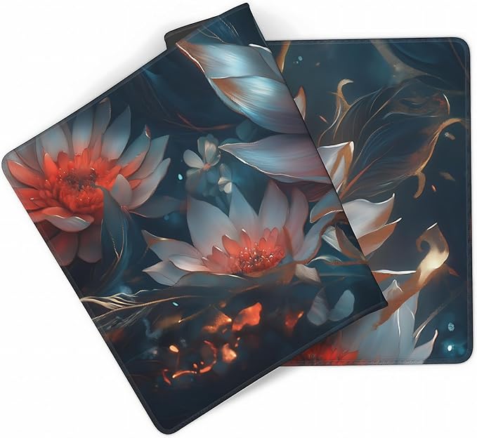 Floral Aesthetic Lotus Gaming Mouse Pad, Ink Blue Red Cyber Desk Mat with Anti-Slip Base & Stitched Edges,35.4" x 15.7" in Table Mat for Computer Desktop, Beautiful Workstation Decor