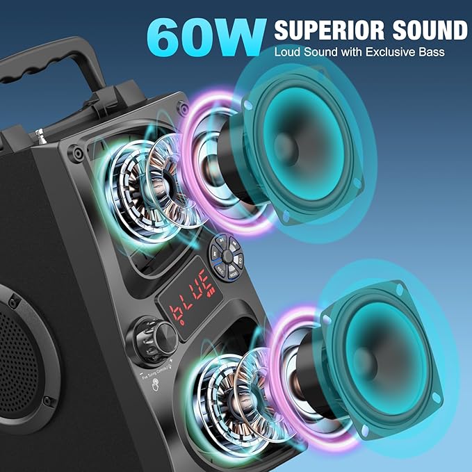 Bluetooth Speaker, 60W(Peak) Wireless Portable Small Home Party Speakers with Double Subwoofer Deep Bass, Radio, Lights, 80dB Loud Stereo Sound Boombox for Outdoor Camping Gifts