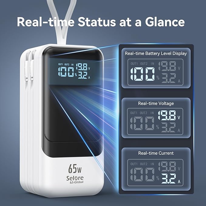 Fast Charging Power Bank 18400mAh 65W Portable Laptop Charger, LCD Display, Travel Essential Battery Pack with Built-in USB-C & Lightning Cables for iPhone 16/15/14/13/12 MacBook Samsung