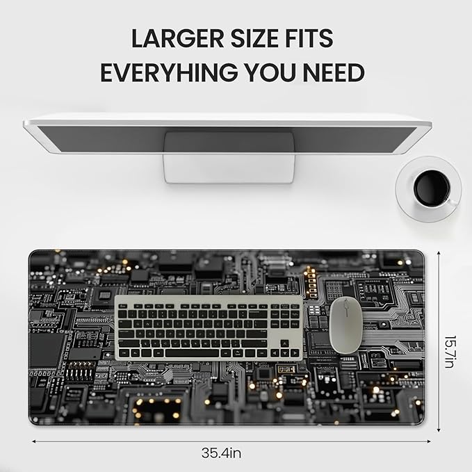 Large Gaming Mouse Pad, Circuit Board Design, Tech-Style Desk Mat, Extended Size 35.4 x 15.7 inches, Non-Slip Base, Microfiber Surface, Waterproof, Suitable for Gaming and Office Use.