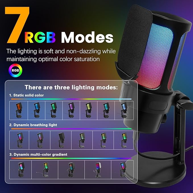VCOM Gaming USB Microphone, Condenser Dynamic Mic for Podcasting, Streaming, with Quick Mute, Desktop Stand, Pop Filter, RGB Indicator, Shock Mount, Rotate gain Button, Compatible with PS4/5/PC