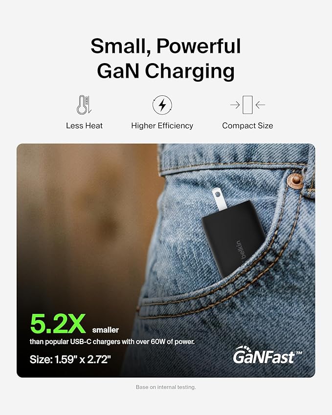 Belkin Dual USB C Charger Block 65W, Super Fast Charging PD 3.0 w/GaN - Samsung Galaxy S25, Apple iPhone 17, Air, Pro, Pro Max, iPad, MacBook, AirPods, Apple Watch, & More - Black