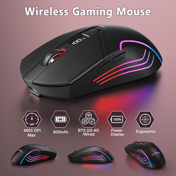 BlueFinger Wireless Gaming Keyboard and Mouse Combo, RGB Backlit, Tri-Mode Bluetooth/2.4G/USB-C Wired, 98 Keys Quiet Keyboard with Number Pad, Volume Knob & Screen, 4800 DPI Mouse for PC/Mac/Laptop