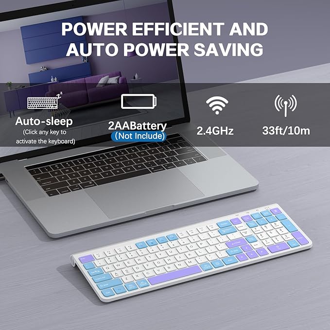 JOYACCESS Wireless Keyboard,Ergonomic Computer Keyboard,Silent Compact Cordless,Low Profile with Numeric Pad for Mac/Windows/PC/Desktop/Laptop-Purple Blue