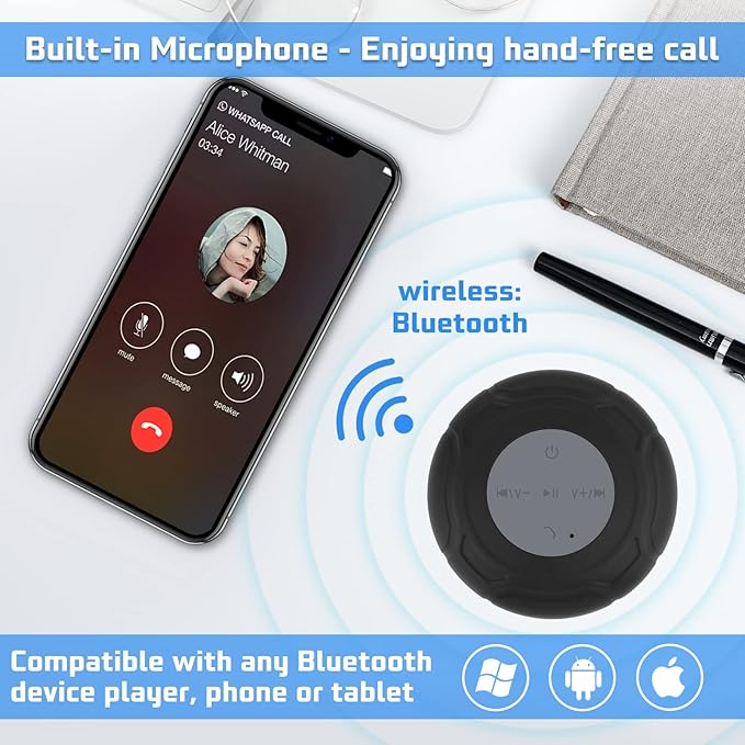 Waterproof Bluetooth Shower Speaker Portable Wireless Water-Resistant Speaker Suction Cup,Built-in Mic Gifts for Kids Speakerphone for iPhone Phone Tablet Bathroom Kitchen - Black