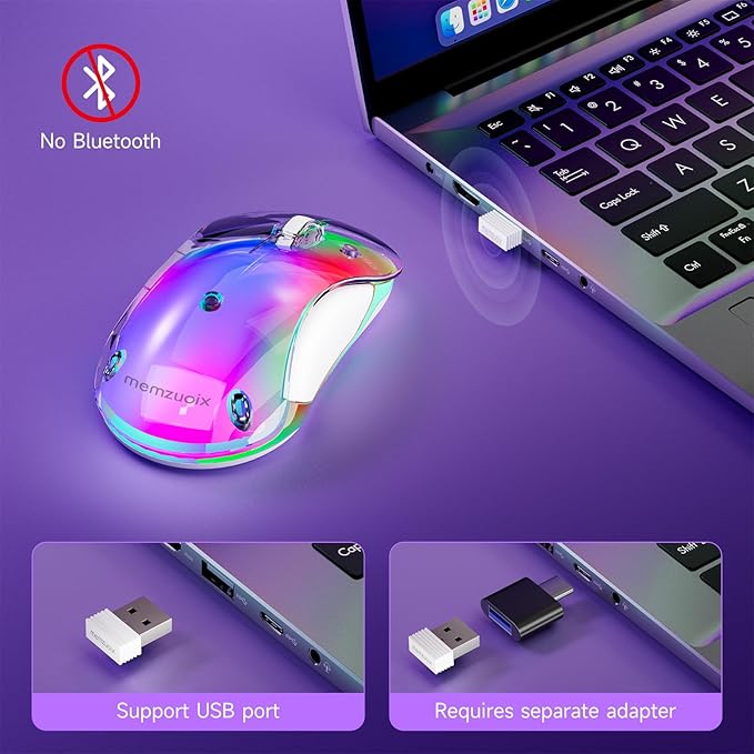 memzuoix 2.4G LED Wireless Mouse, Rechargeable Ergonomic Mouse with Detachable Cover, 1400 DPI Portable Optical Computer Mouse with USB Receiver for Laptop, PC, Desktop and MacBook, 5 Buttons-Purple