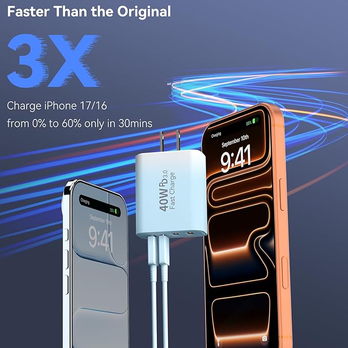 USB C Wall Fast Charger Block, 40W 4-Port Type C Chargers Fast Charging Blocks for Phone 17/16/15/14/13/12 Pro Max, Pad, Galaxy S24/23-2Pack Gradient Blue