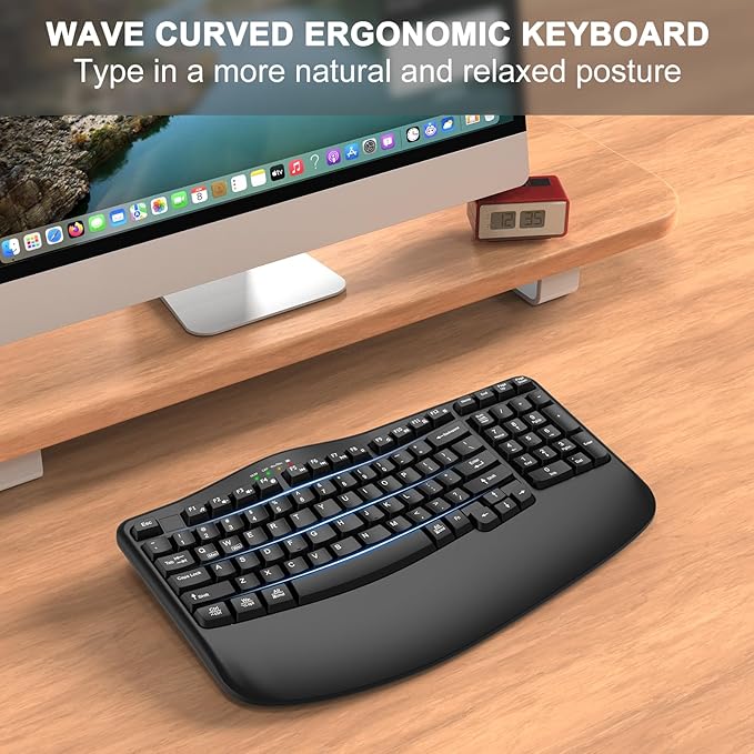 EDJO Ergonomic Wireless Keyboard with Wrist Rest, Wave Keys, Comfortable Natural Typing, 2.4GHz Ergo Wireless USB Computer Keyboard for Multi-OS, Windows, Mac OS, Laptop, PC (Black)