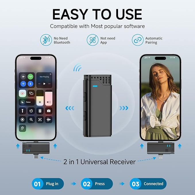 2 in 1 Professional Wireless Lavalier Microphone for Android, iPhone iPad with Charging Case Noise Cancellation Plug-Play Clip on Lapel Mic for YouTube, Recording, Facebook Live Streaming (Black)
