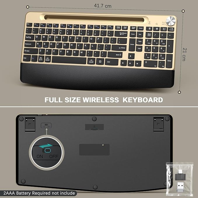 JOYACCESS Ergonomic Wireless Keyboard with Wrist Rest, Phone/Tablet Holder,Windows & Mac OS, 2.4 GHz Wireless, Full-Size,Quiet Keyboard Compatible for Laptop,PC, Mac, Windows -Black Glod