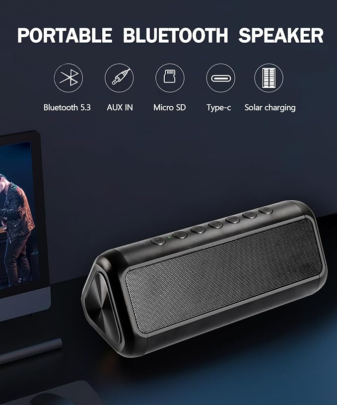 Solar Bluetooth Speaker HD Sound with 5000mAh Power Bank Function, Wireless 50H Playtime,BT5.3,TWS Pairing,IPX6 Waterproof,for Home/Outdoor/Run/Hiking/Travel/Riding/Beach/Camping/Office/Room
