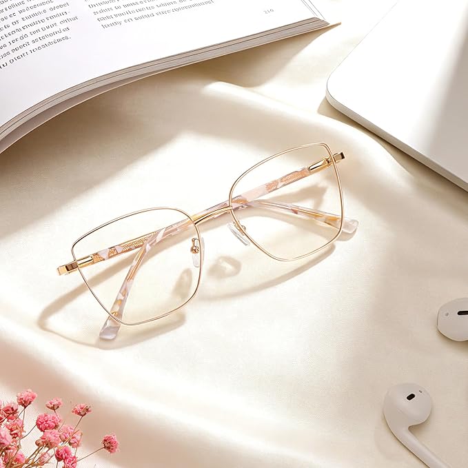 Dollger Blue Light Blocking Glasses for Women Trendy Oversized Computer Eyeglasses Cat Eye Metal Frame bluelight glasses Gold