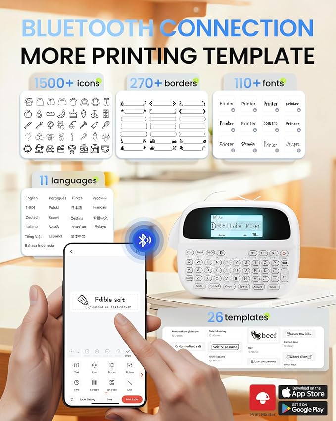 Label Maker Machine with-Tape, Rechargeable Label Maker Waterproof-Labels, Bluetooth Portable Labeler Handheld, Backlit & QWERTY Keyboard, M950 for Home Kitchen Office Classroom Kids Teachers Gifts