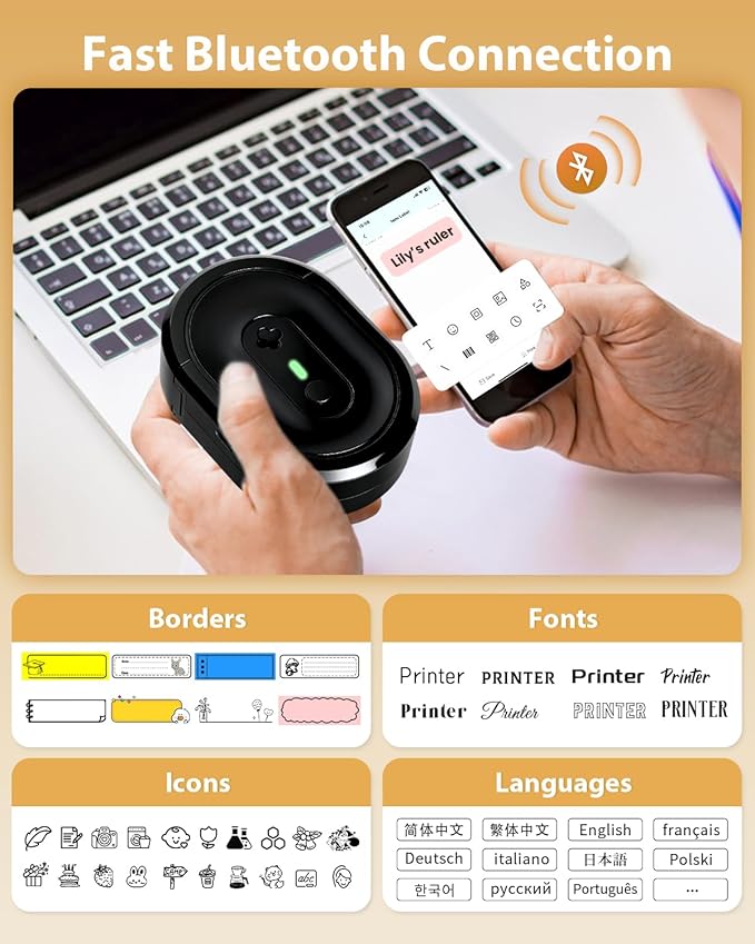Label Maker Machine with Tape, N12 Portable Bluetooth Label Printer, Wireless Mini Label Makers Thermal Sticker with Multiple Templates for Home, Kitchen, School, Office Organization, Black