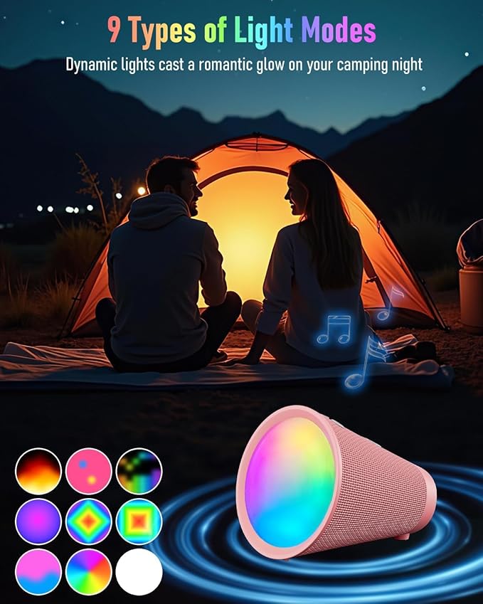 Portable Bluetooth Speaker Wireless with 9 Color Lights, 20H Playtime, Stereo Pairing, Deep Bass, IPX6 Waterproof, Bluetooth 5.3, Small Speaker for Home, Party, Outdoor, Camping