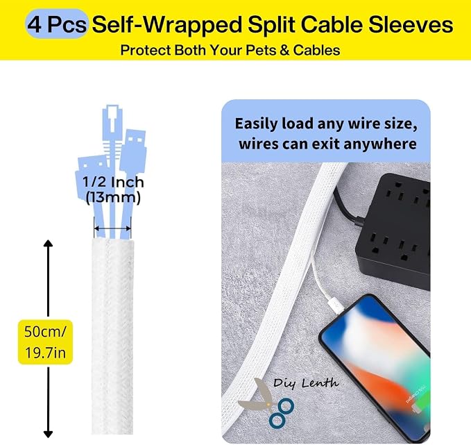 [313Pcs] Cable Management Kit, 67 Adhesive Cable Clips, Topavatop Desk Cord Organizer, 22 Reusable Cable Strap, 4 Cable Sleeve Split, 200 Nylon Cable Zip Ties with 20 Mounts for TV Office Home, White - Image 4