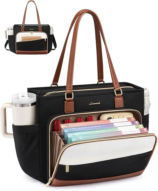 LOVEVOOK Teacher Tote Bag, Laptop Bag for Women with Large Cup Holder & Accordion File Area, Work Tote Bag for Business