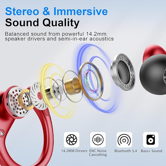 Wireless Earbud, 75Hrs Bluetooth 5.4 Headphones IP7 Waterproof for Sport, Running Wireless Earphones with ENC Noise Canceling Mics, Deep Bass Over Ear bud with Earhooks for Android, iOS, Workout, Gym