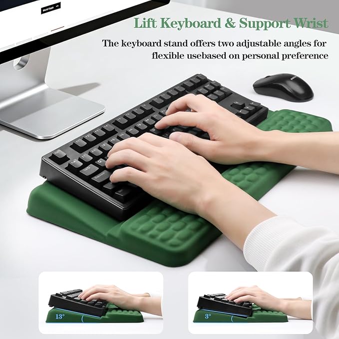 Ergonomic Keyboard Stand with Wrist Rest, Computer Wrist Support Pad, Tilted Keyboard Riser Holder Lift Tray with Wrist Pad, Easy Typing, Comfy Soft Memory Foam Desk Cushion for Office (03- Green)