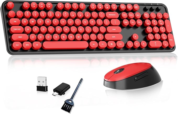 Wireless Keyboard and Mouse, COOFUN Retro Typewriter Keyboard with Round Keycaps, Full-Size Ergonomic, Ideal for Windows PC, Home, Office, and College Black and Red