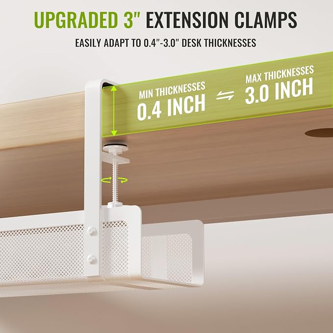 [Upgraded] 2 Pack Cable Management Under Desk Tray, Xpatee 27.6" No Drill Open Slots Cable Management Tray, Cord Wire Organizer Box with Clamp for Table Thickness up to 3" - No Desk Damage(White) - Image 4