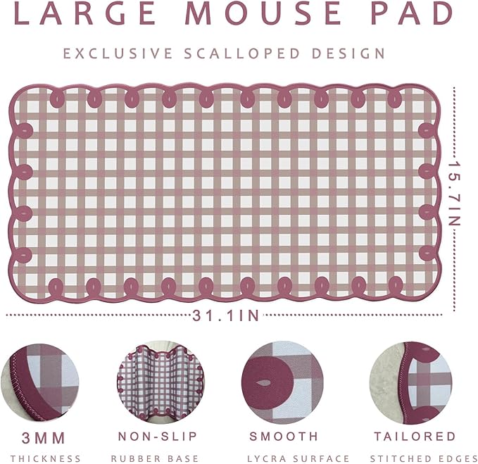 Cute Purple Pink Scalloped Desk Mat Kawaii Pastel Retro Checkered Large Mouse Pad Aesthetic Vintage Cozy Office Desk Decor for Women Girl Stitched Pad for Computer Keyboard & Mouse 31 * 15.7in