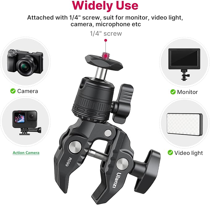ULANZI R099 Super Clamp Camera Mount with 360° Ballhead for Bike/Bicycle/Motorcycle Handlebar Pole Tripod Tube Crossbar Gimbal Rods Mount for Insta360/GoPro/AKASO/DJI/Phone/DSLR/Light/Monitor - Image 3