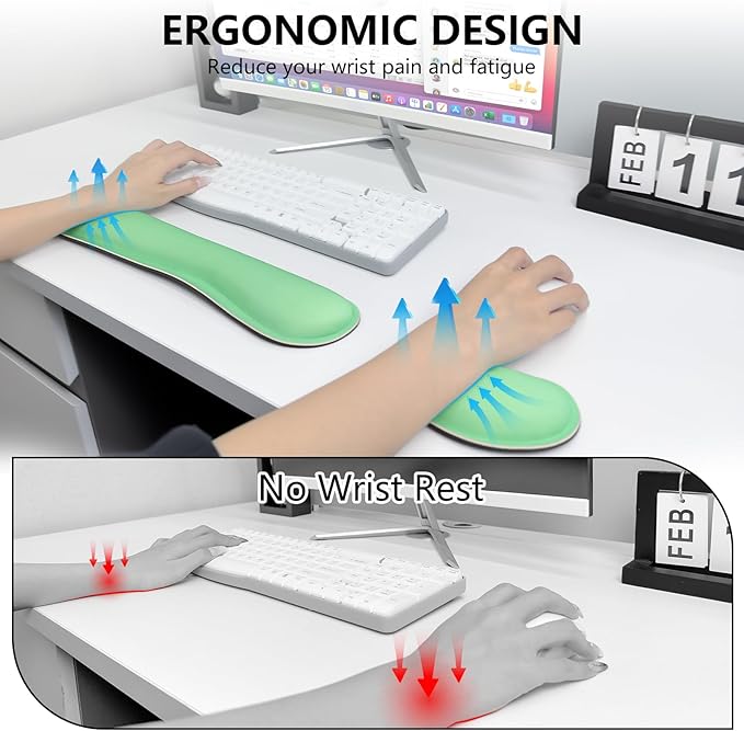 Wrist Rest for Computer Keyboard and Mouse, Ergonomic Design Wrist Support Pad for Keyboard, Soft Memory Foam Desk Pads Support Hand and Arm Easy Typing Pain Relief, 2 Piece Pad, Green