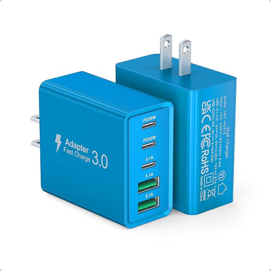 [60W/2Pack] Wall Charger, USB C Charger Block, 5-Port PD + QC 3.0 Fast Charging Power Plug Adapter Brick for Watch Series 10 9 8 7, for iPhone 17 16 15 14 13 Pro Max Airpod, Samsung Galaxy S25(Blue)