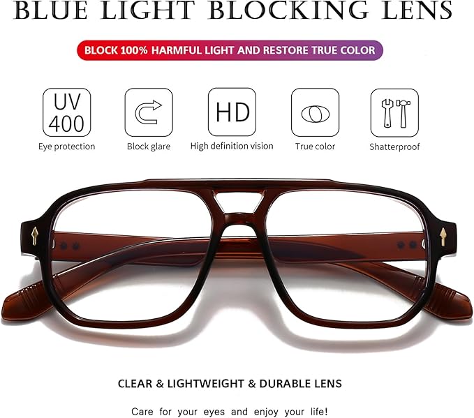 PORADAY Blue Light Blocking Glasses for Women Men 70s Retro Square Aviator Eyeglasses Rectangle Computer Eyewear