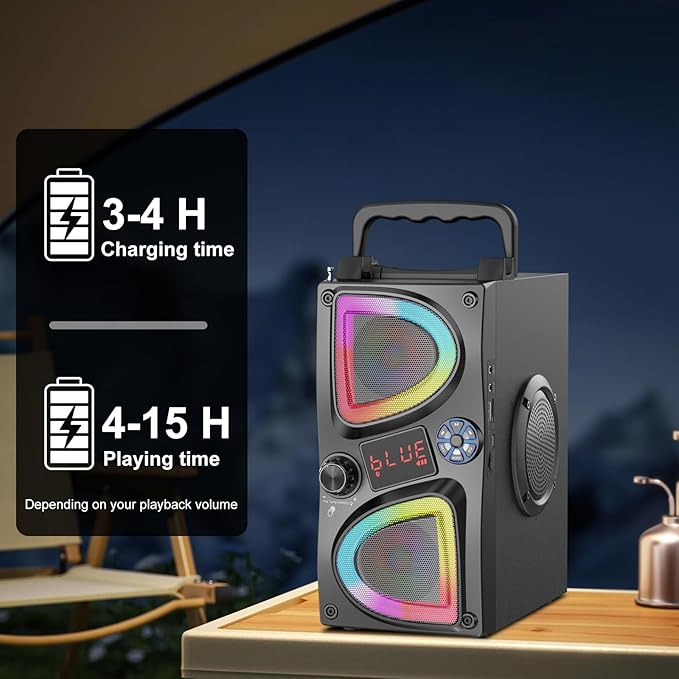 Bluetooth Speaker, 60W(Peak) Wireless Portable Small Home Party Speakers with Double Subwoofer Deep Bass, Radio, Lights, 80dB Loud Stereo Sound Boombox for Outdoor Camping Gifts