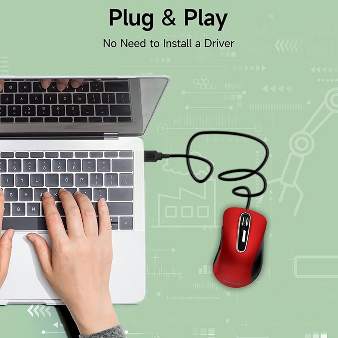 memzuoix Wired Mouse, USB Computer Mouse 1400 DPI Mobile Optical Mouse Ergonomic Design Computer Mice with 5FT Cord for Laptop, PC, Desktop, MacBook, 5 Buttons (Pomegranate Red)