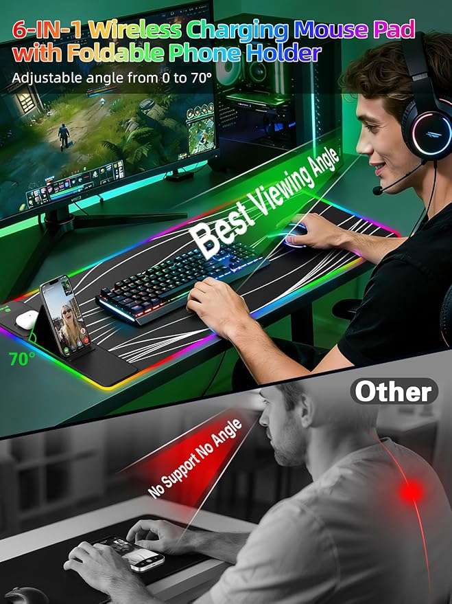 Mouse Pad with Adjustable Phone Stand Dual Wireless Charger, 15W Fast Charging Desk Mat, Extra Large 31.5x15.75 Waterproof Desk Pad for iPhone Samsung Air-Pods, Gaming Mousepad w/ 11&4 RGB