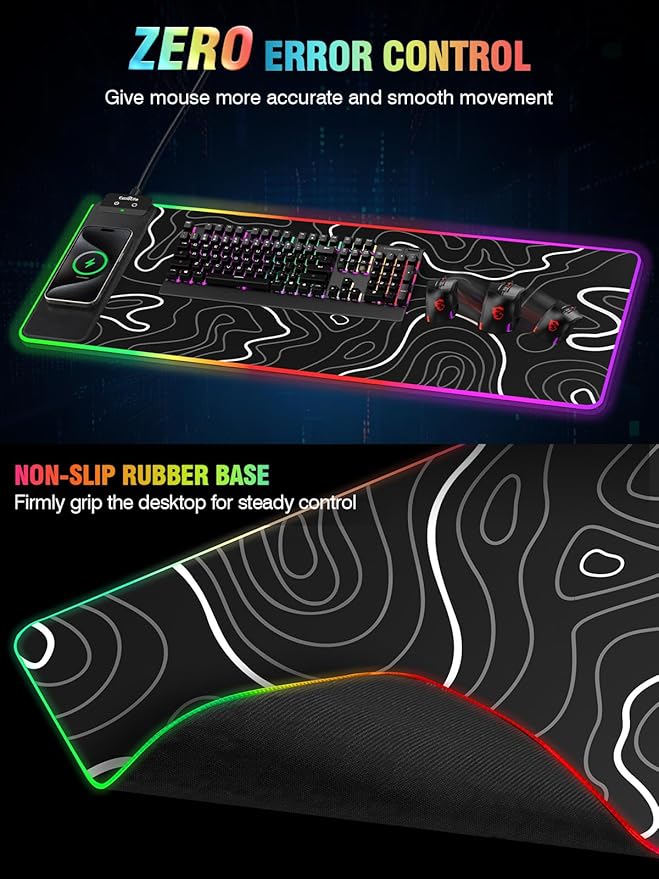 Wireless Charging RGB Gaming Mouse Pad, 31.5"x15.7" XXL Large Desk Mat, Desk Pad for Gamer, 9 Light Modes, Non-Slip Rubber Base, Waterproof, Computer Keyboard Mat, Black